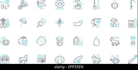 Linearer Symbolsatz für Landwirtschaftstechnik. Bewässerung, Boden, Ernte, Erntegut, Traktor, Schilder für Milchprodukte, Landwirtschaftslinien und Konzepte. Bewässerungsgerät Stock Vektor