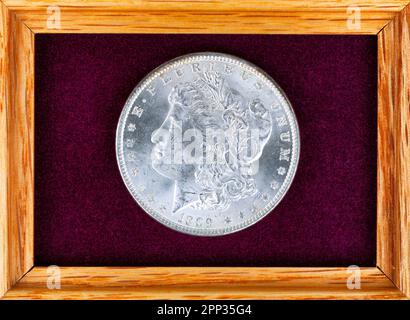 Eine alte US-amerikanische, silberne morgan-Dollar-Münze in einer Filzschachtel zur Sammlung Stockfoto