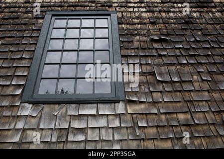 Alte Scheune von Rhode Island mit Holzschindeln und einem Fenster mit grün gestrichenen Zierleisten. Stockfoto