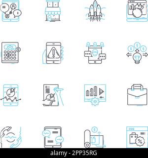 Lineare Symbole für Social-Media-Werbung. Engagement, Bewusstsein, Zielgruppenansprache, Reichweite, Konvertierung, Analysen, Viruslinienvektor und Konzeptzeichen Stock Vektor