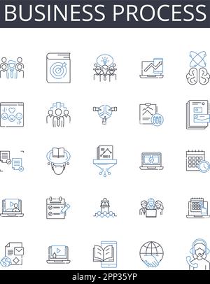 Symbolsammlung für Geschäftsprozesszeilen. Fertigungsstraße, Betriebsablauf, Arbeitsablauf, Aufgabenfolge, Rahmenplan, Betätigungsmechanismus Stock Vektor