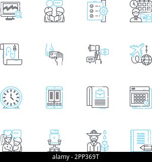 Lineare Symbole für Planer festgelegt. Organisation, Zeitmanagement, Produktivität, Zeitplan, Agenda, Aufgabenplanung, Zielsetzungs-Linienvektor und Konzeptzeichen Stock Vektor