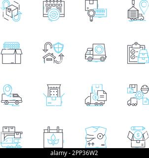 Linearer Symbolsatz für Frachtdienste. Versand, Fracht, Logistik, Transport, Lieferung, Linienvektor und Zusatzzeichen exportieren, importieren. Lagerhaltung Stock Vektor