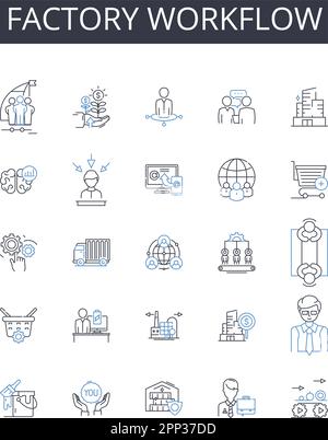 Symbolsammlung für werkseitige Workflow-Linien. Unternehmensverfahren, Geschäftsstruktur, Organisationsprozess, Unternehmensabläufe, Unternehmensmethodik Stock Vektor