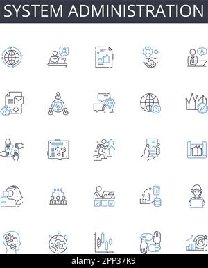 Symbolsammlung der Systemadministrationszeile. Nerk Management, Cybersicherheit, IT-Support, Benutzerverwaltung, Datenanalyse, Cloud-Computing, Projekt Stock Vektor