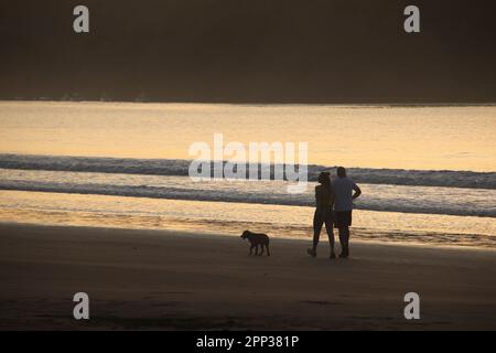 Während die Sonne über den Horizont blickt, spazieren zwei Personen mit ihrem Hundebegleiter am Strand entlang, das sanfte Wellenschlagen sorgt für einen beruhigenden Soun Stockfoto