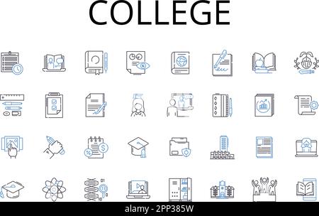 College Line Icons Kollektion. Universität, Institut, Akademie, Schule, Campus, Bildungseinrichtung, Bildungseinrichtung, Vektor und linear Stock Vektor