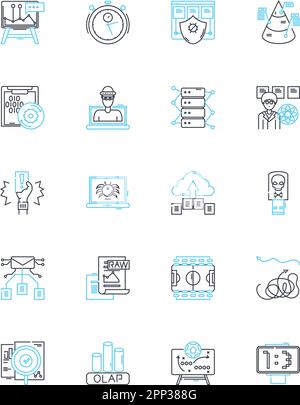 Lineare Symbole für die Berichtgenerierung festgelegt. Analytics, Automatisierung, Business, Daten, Dashboards, Dokument, Excel-Linienvektor und Zusatzzeichen. Filterung Stock Vektor