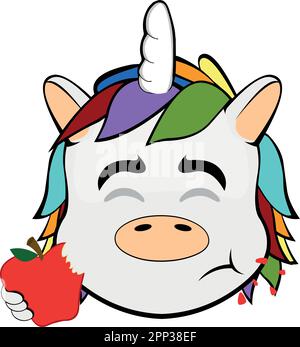 Vektorbildergesicht eines Einhorn-Cartoons, der einen roten Apfel isst Stock Vektor