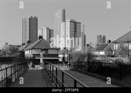 Häuser und neue Apartmentblöcke in der Nähe von Three Mills Park, East London UK, mit Blick auf Stratford, in Monochrom Stockfoto