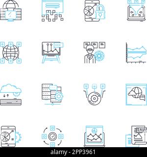 Lineare Symbole für Marktforschung. Umfrage, Analyse, Verbraucher, Daten, Fokusgruppe, Einblicke, demographische Linienvektoren und Konzeptzeichen. Zielgruppe Stock Vektor