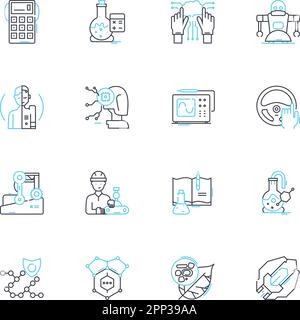 Lineare Symbole für technologische Geräte festgelegt. Smartph, Tablet, Notebook, Desktop, Smartwatch, Kopfzeichen, Kameralinienvektor und Konzeptschilder. Dr, Gaming, Konsole Stock Vektor