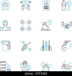 Linearer Symbolsatz Tiefbau. Gerüste, Brücken, Gebäude, Bauwesen, Beton, Stahl, Mechanik Linienvektor und Konzeptzeichen Stock Vektor