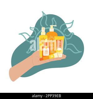 Zusammensetzung der weiblichen Hand enthält Sonnencreme, Creme, Sonnenspray und abstrakte Form. SPF-Schutz und Sonnenschutzkonzept. Anti-UV-Schutz Stock Vektor