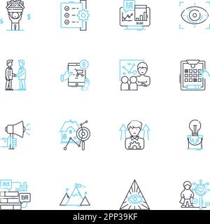 Lineare Symbole für Unternehmensstrategie festgelegt. Wachstum, Innovation, Ausrichtung, Ausführung, Agilität, Umwandlungs-, Optimierungslinienvektor- und Konzeptzeichen Stock Vektor