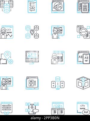 Lineare Symbole für Entwickler festgelegt. Code, Debug, Build, Design, Innovation, Programmieren und Zusammenarbeiten von Linienvektor- und Konzeptzeichen. Framework, Plattform, Backend Stock Vektor