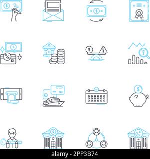 Lineare Symbolgruppe für Asset-Management. Portfolio, Investitionen, Allokation, Risiko, Diversifizierung, Leistung, Linienvektor und Konzeptzeichen Stock Vektor