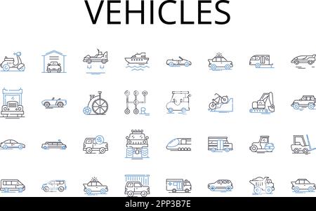 Symbolsammlung für Fahrzeuglinien. Autos, Autos, Transport, Modi, Transport, Ride-Rail, Ride-Sharing-Vektor und lineare Darstellung Stock Vektor