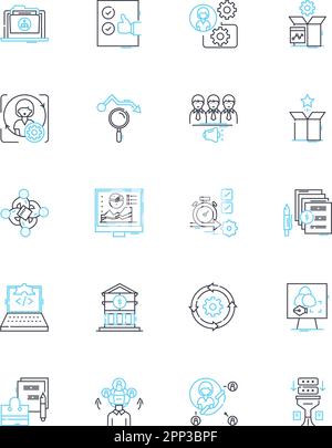 Lineare Symbole für Investitionsstrategie festgelegt. Portfolio, Diversifizierung, Risiko, Renditen, Vermögenszuweisung, Anleihen, Aktien Linienvektor und Konzeptzeichen. Echt Stock Vektor