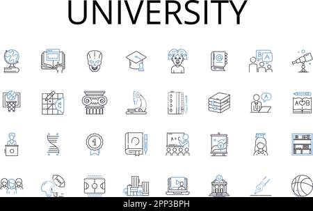 Kollektion mit Liniensymbolen der Universität. Hochschule, Schule, Akademie, Institut, Polytechnik, Konservatorium, Seminärer Vektor und lineare Darstellung. Turnhalle Stock Vektor