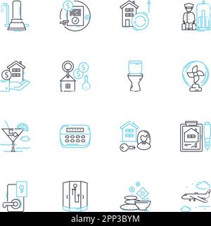 Hospitality Sector Linear Icons Set. Unterkunft, Service, Tourismus, Resort, Ziel, Gäste-, Hospitality Line Vector- und Concept-Schilder. Unterkunft Stock Vektor