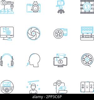 Lineare Symbole für die Audioproduktion eingestellt. Mischen, Mastering, Bearbeiten, Aufzeichnung, EQ, Kompression, dynamische Linienvektoren und Konzeptzeichen. Effekte, Stichproben Stock Vektor