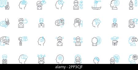 Lineare Symbole für kognitive Fähigkeiten gesetzt. Intelligenz, Verständnis, Gedächtnis, Wahrnehmung, Argumentation, Logik, Warnlinienvektor und Konzeptzeichen. Konzentrier Dich Stock Vektor