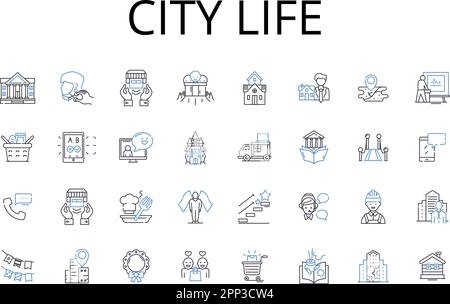 City Life Line Icons Kollektion. Ländliches Leben, Großstadt, städtisches Leben, Dorfleben, Metropolis Leben, Vorstadtleben, geschäftiges Treiben und Stock Vektor