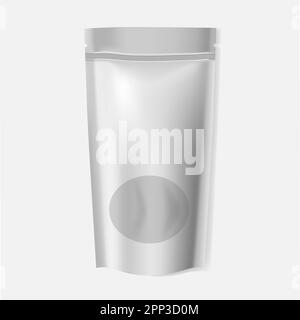 Leere Stehtasche mit Fenster, realistisches Vektormodell. Aufbewahrungsbeutel mit Reißverschluss und Reißverschlüssen oben, Modell Stock Vektor