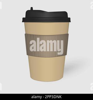 Kaffeetasse aus Kraftpapier mit schwarzem Deckel und gewellter Hülle, Modell. Getränketasse zum Mitnehmen, Modell. Vektorvorlage Stock Vektor
