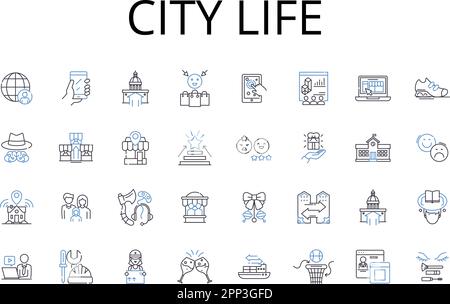 City Life Line Icons Kollektion. Ländliches Leben, Großstadt, städtisches Leben, Dorfleben, Metropolis Leben, Vorstadtleben, geschäftiges Treiben und Stock Vektor