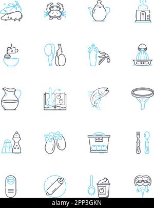 Lineare Symbole für Utensilware festgelegt. Schneebesen, Spork, Zangen, Kelle, Schäler, Grater, Slicer-Linienvektor und Konzeptzeichen. Greifer, Gabel, Löffel, Modellabbildungen Stock Vektor