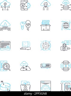 Lineare Symbole für digitale Programmierung eingestellt. Codierung, Programmierung, Algorithmen, Debugging, Automatisierung, Software, Integrationslinienvektor und Konzeptzeichen. Web Stock Vektor