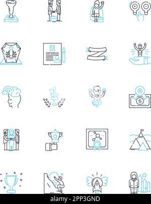 Lineare Symbole für Gameification festgelegt. Engagement, Motivation, Prämien, Incentives, Wettbewerb, Punkte, Abzeichen, Linienvektor und Konzeptschilder. Gamify, Spaß Stock Vektor