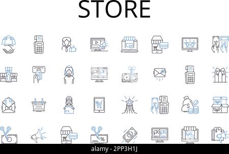 Sammlung mit Zeilensymbolen speichern. Geschäft, Boutique, Markt, Emporium, Outlet, Mart, Boots Vektor und lineare Darstellung. Stall, Warehouse, Depot Umrissschilder Stock Vektor