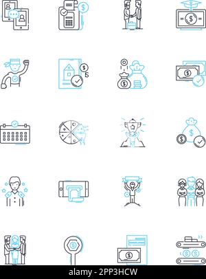 Lineare Symbole für internetbasierte Finanzen. FinTech, Cryptocurrency, Blockchain, E-Commerce, Zahlung, Investitionsvektor, Crowdfunding-Linie und Konzept Stock Vektor