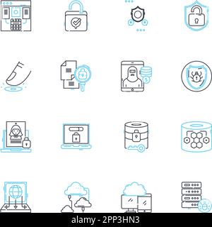 Lineare Symbole für digitale Verteidigung eingestellt. Cybersicherheit, Verschlüsselung, Firewall, Malware, Passwörter, Phishing, Schwachstellen, Linienvektor und Konzeptschilder Stock Vektor