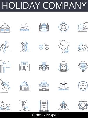 Kollektion mit Liniensymbolen für Feiertage. Reisebüro, Reisebüro, Freizeitunternehmen, Tourismusunternehmen, Expeditionsunternehmen, Fluchtorganisation Stock Vektor