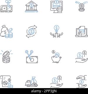 Symbolsammlung für Bankabrechnungspositionen. Vermögen, Finanzen, Finanzierung, Kapital, Investitionen, Mein, Cash-Vektor und lineare Illustration. Ersparnisse, Reserven, Vermögenswerte Stock Vektor