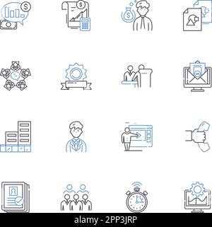 Symbolsammlung für Produktwerbung. Marketing, Vertrieb, Werbung, Branding, Publicity, Bewusstsein, Strategievektor und lineare Darstellung Stock Vektor