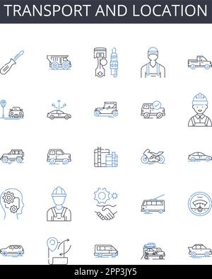 Symbolsammlung für Transport- und Standortlinien. Ransport, Pendelverkehr, Transfer, Transport, Versand, Transport, Importvektor und linear Stock Vektor