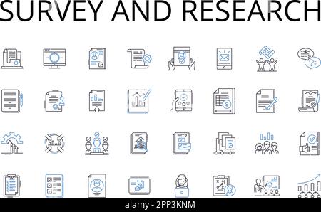 Sammlung von Symbolen für Umfragen und Forschungslinien. Volkszählung, Stichproben, Untersuchung, Abfrage, Prüfung, Abfrage, Analysevektor und lineare Darstellung Stock Vektor