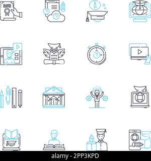 Lineare Symbole für virtuelle Schule festgelegt. Online, Bildung, Virtuell, Lernen, Entfernung, Vektor- und Konzeptzeichen für Fernunterricht, Hausunterricht. Technologie,Zoom Stock Vektor