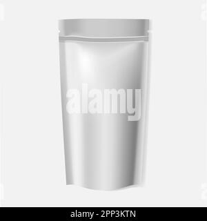 Leere Stehtasche aus Kunststoff oder Folie mit Reißverschluss, realistisches Vektormodell. Verpackungsbeutel mit Reißverschluss und Reißverschlüssen oben, Modell Stock Vektor