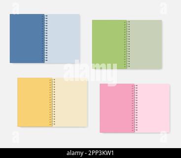 A4-Notizbuch mit offener Spirale, farbigem Einband und Bögen, realistisches Vektormodell. Tagebuch für drahtgebundene Kommunikation: Blau, grün, gelb, rosa – Modell Stock Vektor