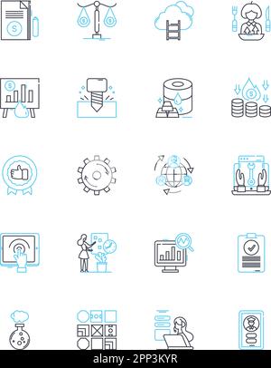 Lineare Symbole für Fiskalerweiterung festgelegt. Konjunkturprogramme, Investitionen, Inflation, Beschäftigung, Wirtschaftswachstum, Nachfrage-, Steuerlinienvektor- und Konzeptzeichen Stock Vektor