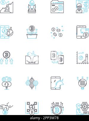 Lineare Symbole für Start-ups in der Finanztechnologie. FinTech, Kryptowährung, Blockchain, Zahlung, Digital, Investitionen, Vermögenslinienvektor und Konzeptzeichen Stock Vektor