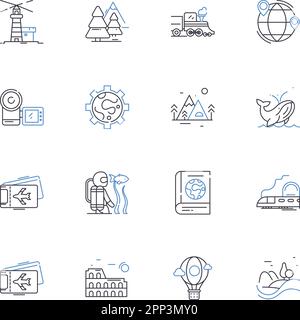 Icons-Kollektion für Island-Hopping-Linien. Abenteuer, Ziele, Strände, Exkursion, Entdecken, Kultur, Landschaftsvektor und lineare Darstellung. Flucht Stock Vektor