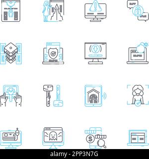 Lineare Symbole für Online-Sicherheit festgelegt. Verschlüsselung, Firewall, VPN, Malware, Cyberkriminalität, Phishing, zwei-Faktor-Linienvektor und Konzeptzeichen. Authentifizierung Stock Vektor