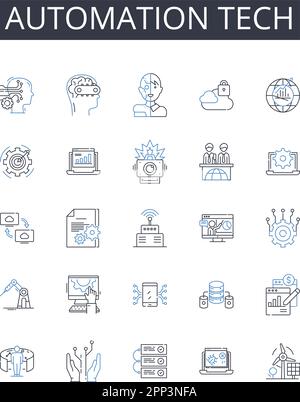 Symbolsammlung für die Automationstechnik. Digitale Tools, Virtual Reality, Robotikindustrie, maschinelles Lernen, KI-Software, Unternehmenseffizienz, intelligent Stock Vektor